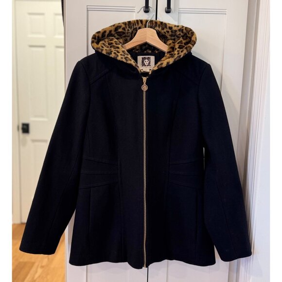 Anne Klein Black Pea Coat Leopard Print Faux Fur Hood Size Medium Winter Wool - Picture 7 of 7